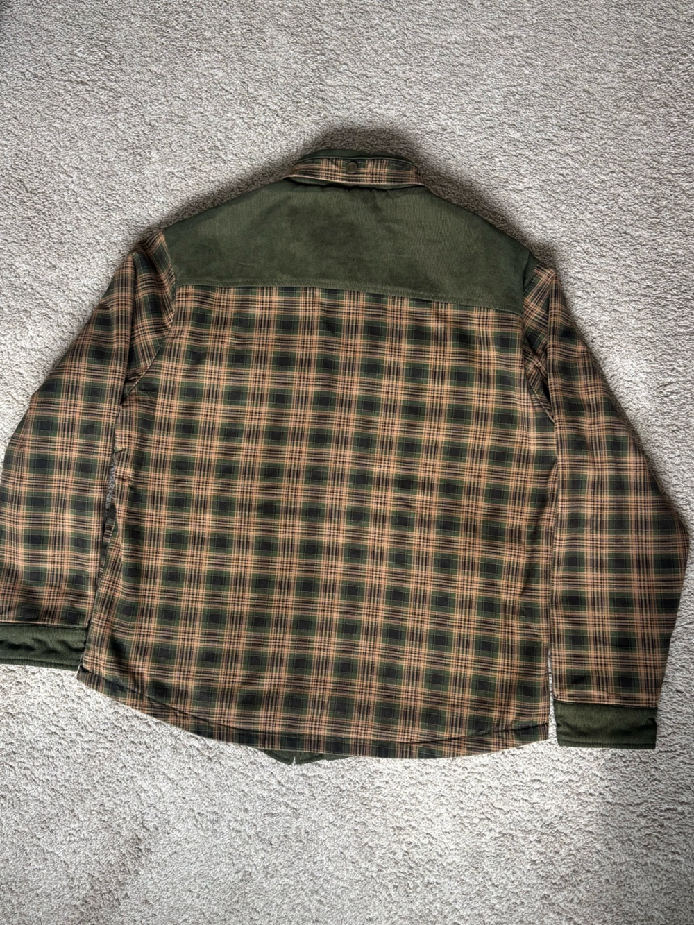 Olive Green Brown Plaid Sherpa Lined Flannel Shacket Barn Jacket 100% Cotton - Picture 3 of 10